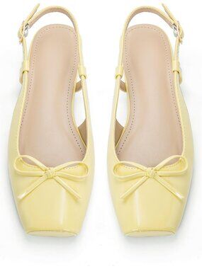 Women ButteryYellow Slingback Square Toe Bow Knit Ankle Buckle Satin Ballet Flat